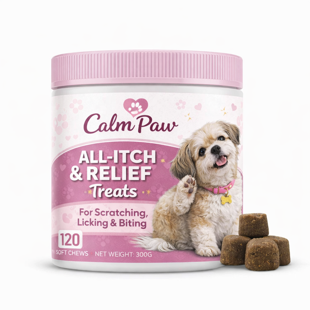 Bevia CalmPaw chewable anti-itch treats for dogs, with Atlas shipping protection, designed to soothe skin allergies and itching.