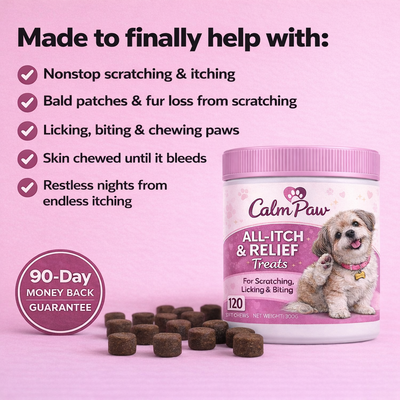 Bevia CalmPaw chewable anti-itch treats for pets, shown in packaging with a dog enjoying the relief from itching.
