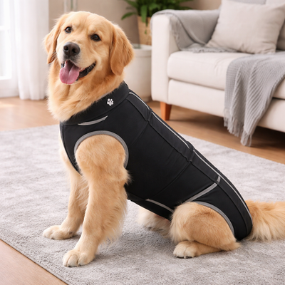 Elvora CalmPaw Recovery Body Suit for pets, shown on a dog, designed to aid healing and prevent licking post-surgery.