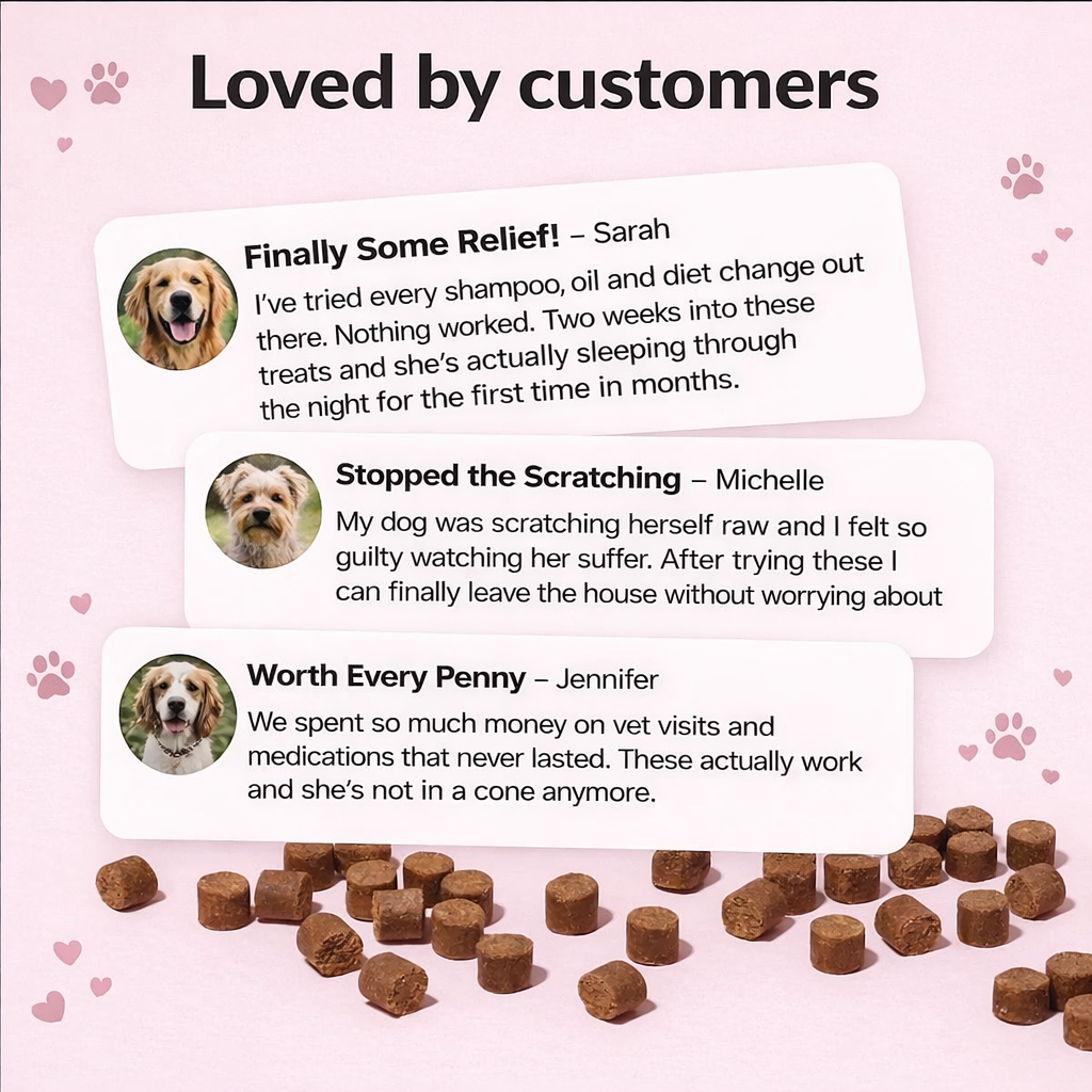 Bevia CalmPaw chewable anti-itch treats for dogs, featuring Atlas shipping protection, displayed in a natural setting.