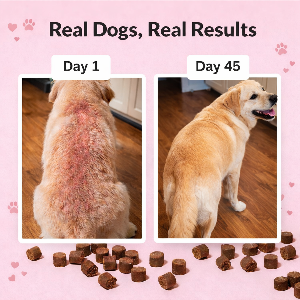 Bevia CalmPaw chewable anti-itch treats for dogs, showing the product packaging with colorful labels and natural ingredients.